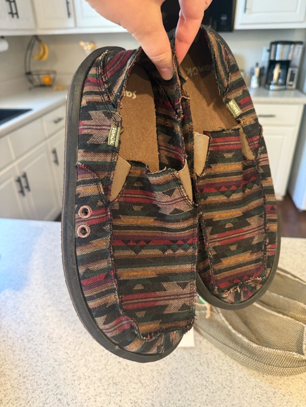 Sanuk Canvas Slip-Ons in Burgundy, Olive, Tan Aztec Stripe
